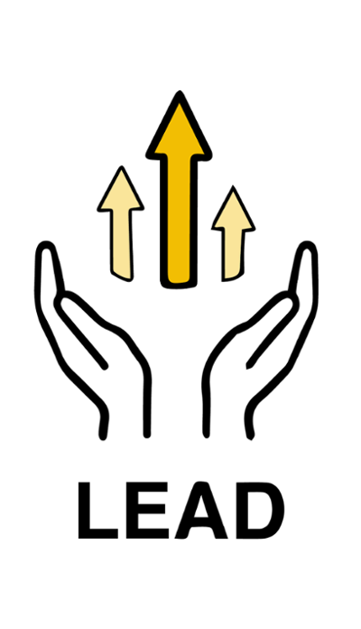 "Lead" Hands holding three gold arrows pointing up