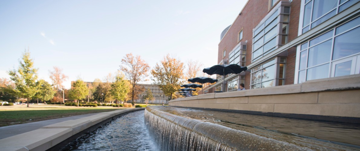 Front water fountain of Morris Library 