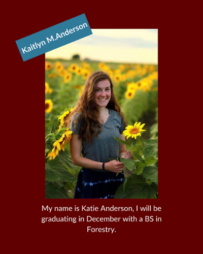 Katie Anderson - My name is Katie Anderson, I will be graduating in December with a BS in Forestry.