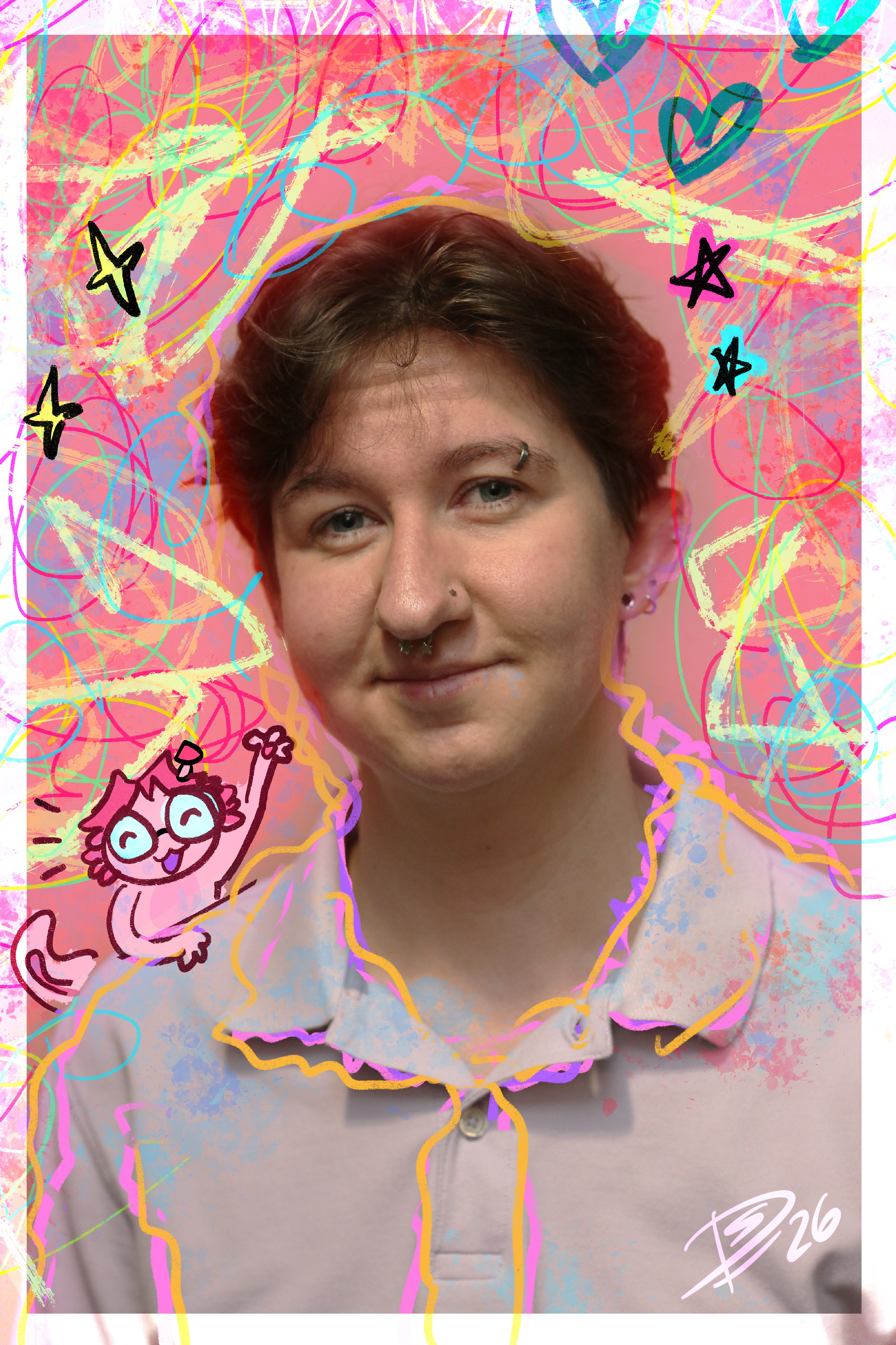 Day Star-Fleming headshot with a color drawn background