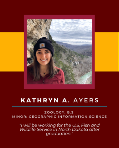 Kathryn A Ayers - Zoology, B.S. Minor: Geographic Information Science "I will be working for the U.S. Fish and Wildlife Service in North Dakota after graduation."